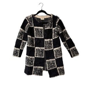 Y2K Pitti Wool Cashmere Fuzzy Cardigan Coat – Black Cream Minimalist Sweater